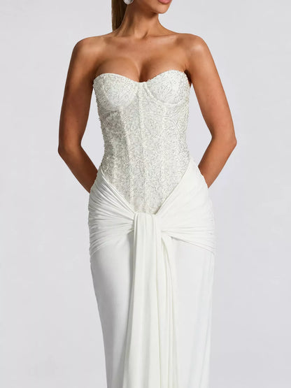 Elegant Strapless Sequin Corset Maxi Dress with Draped Waist Detail