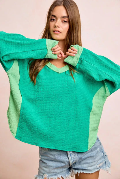 BiBi Textured Jersey Color Block Top With Cut Edge