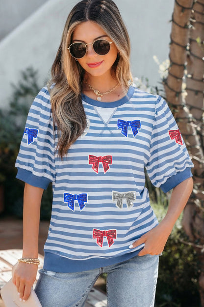 Sky Blue Stripe Patriotic Sequin Bow Graphic Short Puff Sleeve Top