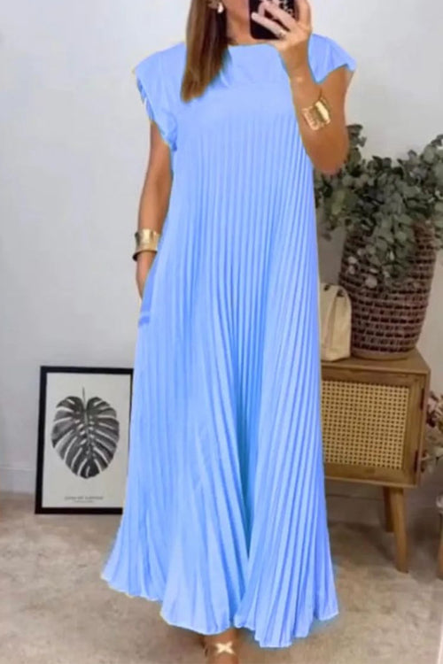 Cap Sleeves Pocketed Loose Pleated Maxi Dress LightBlue