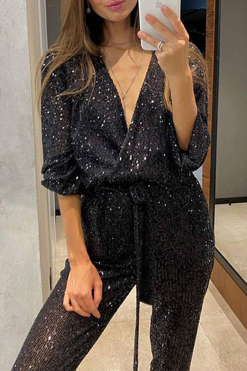 Wrap V Neck Tie Waist Sequin Jumpsuit