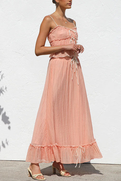 Frill Trim Bow Crop Cami Top and Ruffle Maxi Skirt Set
