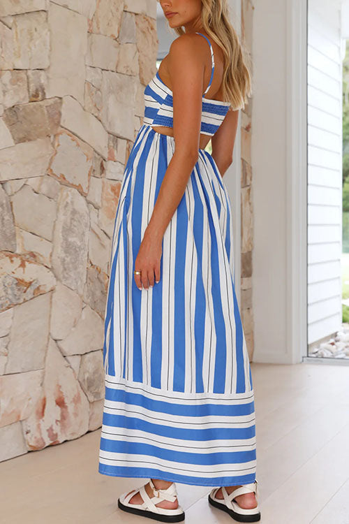 Back Cut Out High Waist Striped Maxi Cami Dress