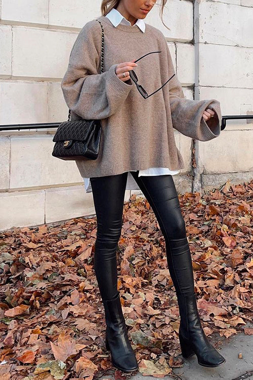 Crewneck Drop Shoulder Solid Loose Fit Sweater Camel