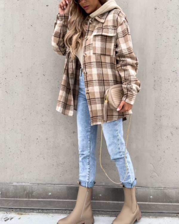 Clidress Hooded Plaid Fashion Shirt Jacket