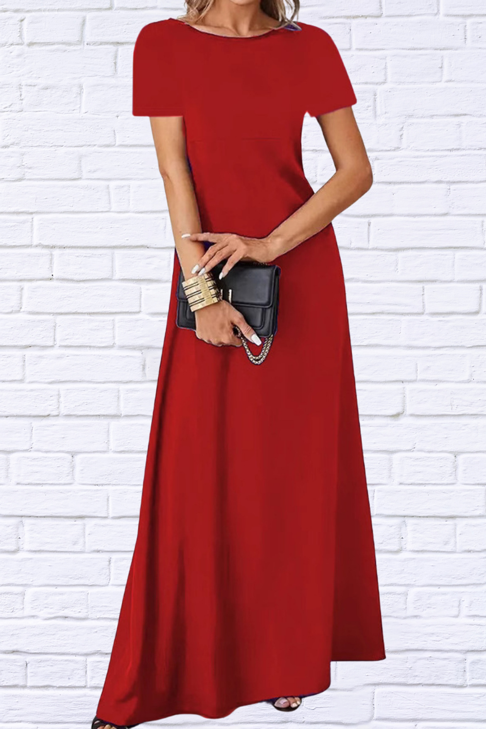 Full Size Round Neck Short Sleeve A-Line Maxi Dress Plus Size Red