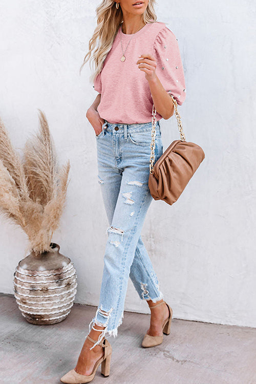 Crewneck Rhinestone Bubble Half Sleeves Pullover Top