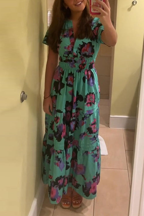 V Neck High Waist Floral Print A-line Maxi Dress Green