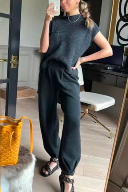 Mockneck Short Sleeves Top Pocketed Harem Pants Knitting Set Black