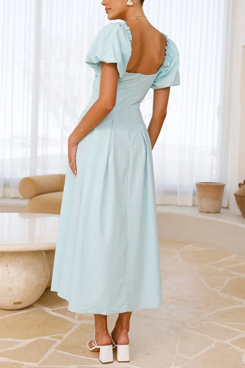 V Neck Twist Front Puff Sleeves Cut Out Maxi Dress