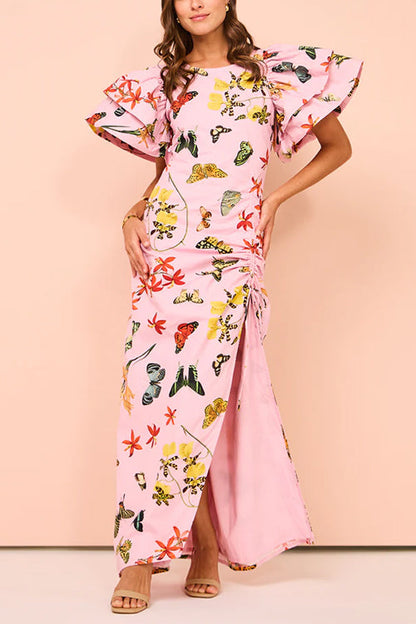 Flounce Sleeves Drawstring Slit Printed Maxi Dress