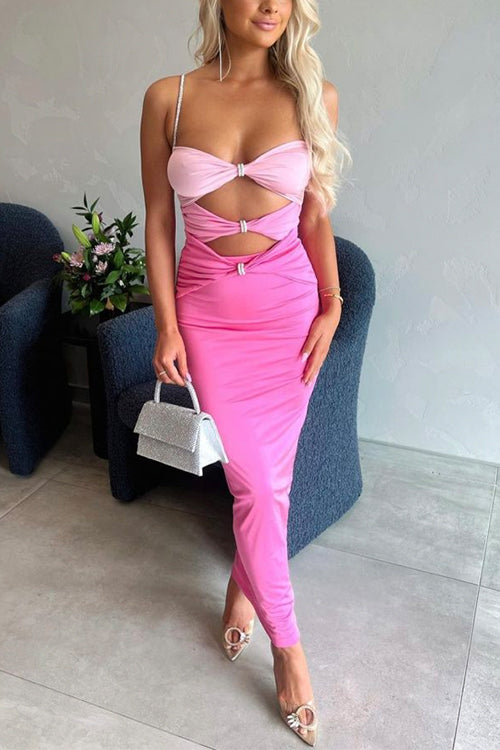 Rhinestone Straps Cut Out Gradient Maxi Bow Dress