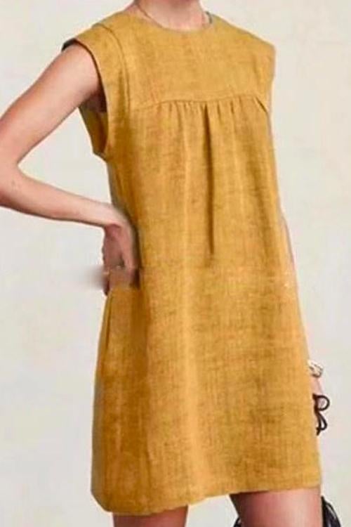 Ruched Short Sleeve Cotton Linen Babydoll Dress Yellow