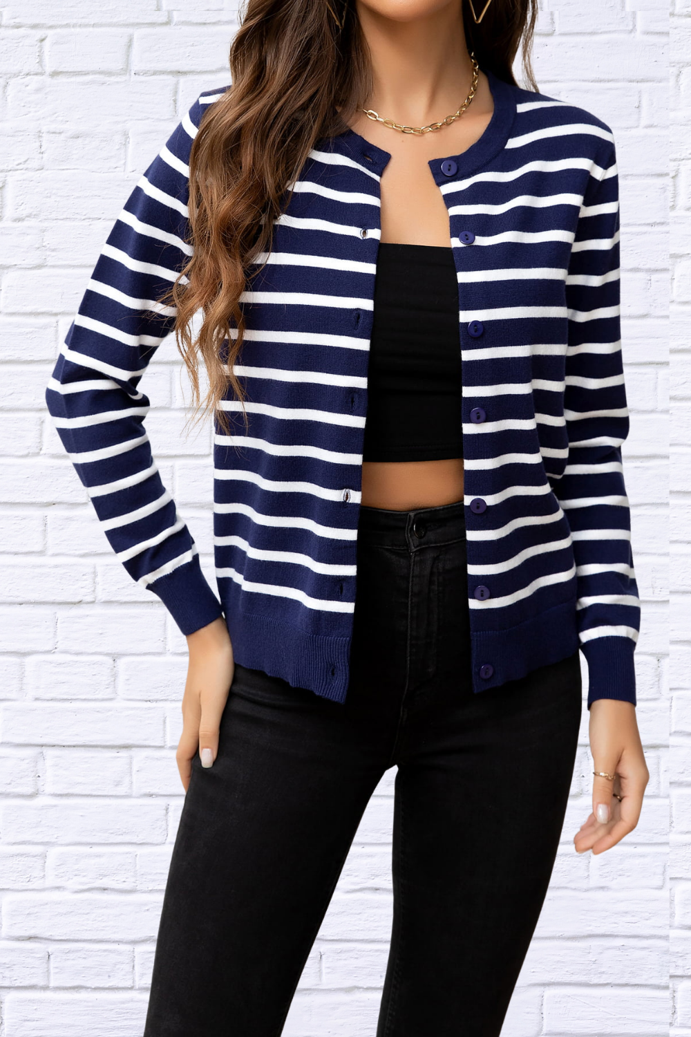 Striped Round Neck Long Sleeve Buttoned Knit Top Navy
