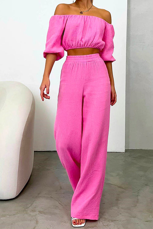 Off Shoulder Half Sleeves Crop Top Wide Leg Pants Set Pink