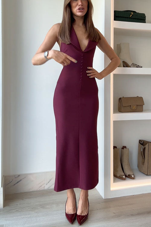 Halter V Neck Backless Buttons Bodycon Midi Dress