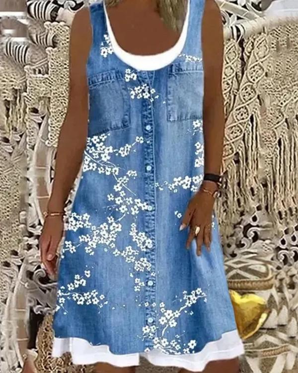 Clidress Denim Look Print Fake Two Piece Mini Dress