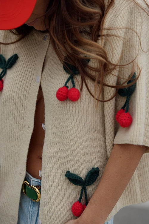 Short Sleeves Button Up Cherry Decorative Knit Sweater