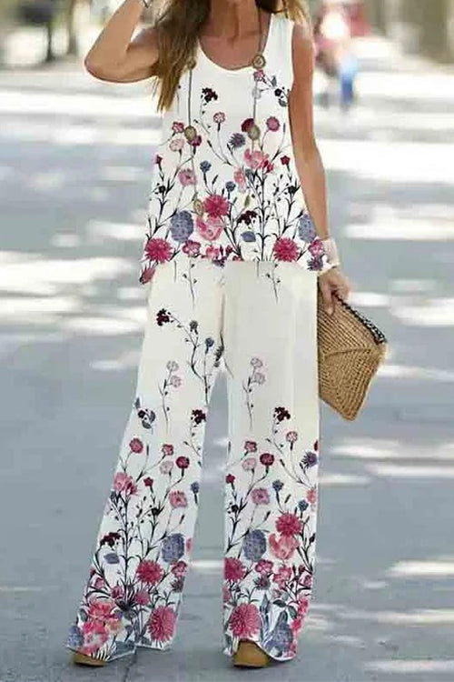 Printed Sleeveless Tank Top and Wide Leg Pants Set Floral