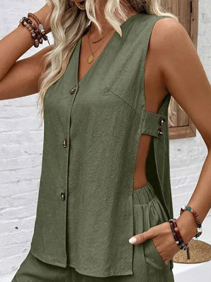 Sleeveless Button-Down Top and Shorts Set