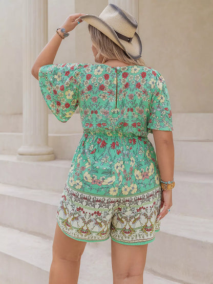 Plus Size Floral Print Square Neck Romper