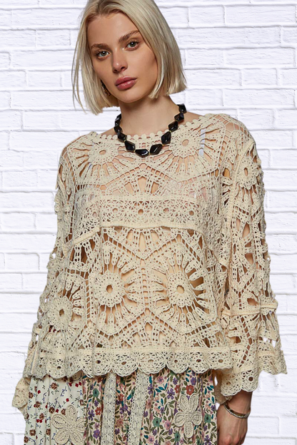 POL Round Neck Weave Knit Pattern Cropped Cover Up CREAM One Size
