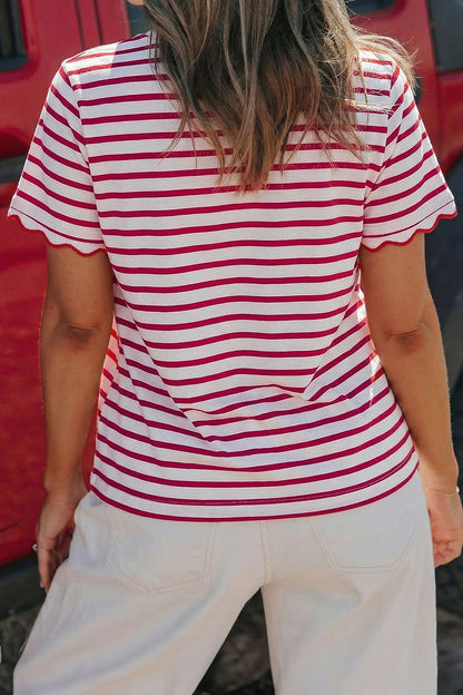 Red Stripe Scalloped Trim Round Neck T Shirt