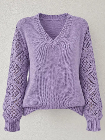 Full Size V-Neck Hollow-Out Long Sleeve Sweater Plus Size