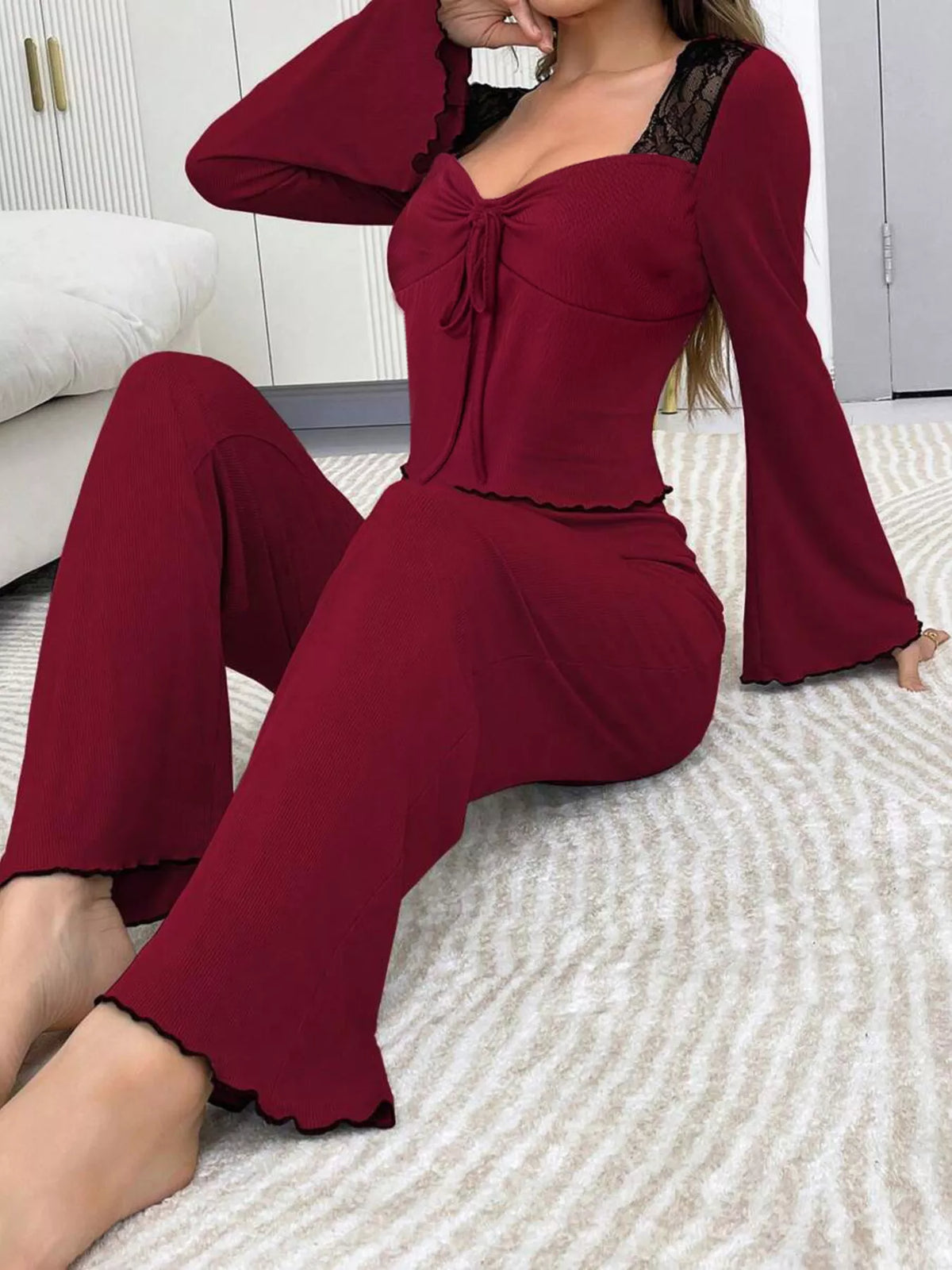 Lace Detail Flare Sleeves Top and Pants Lounge Set