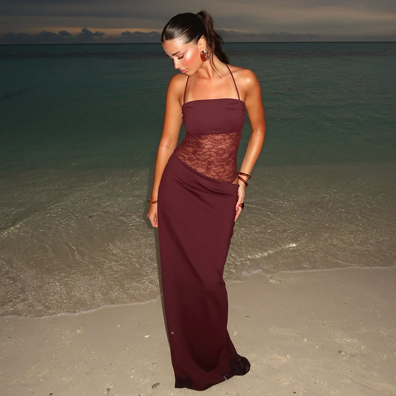 Elegant lace stitching suspender dress Bordeaux S