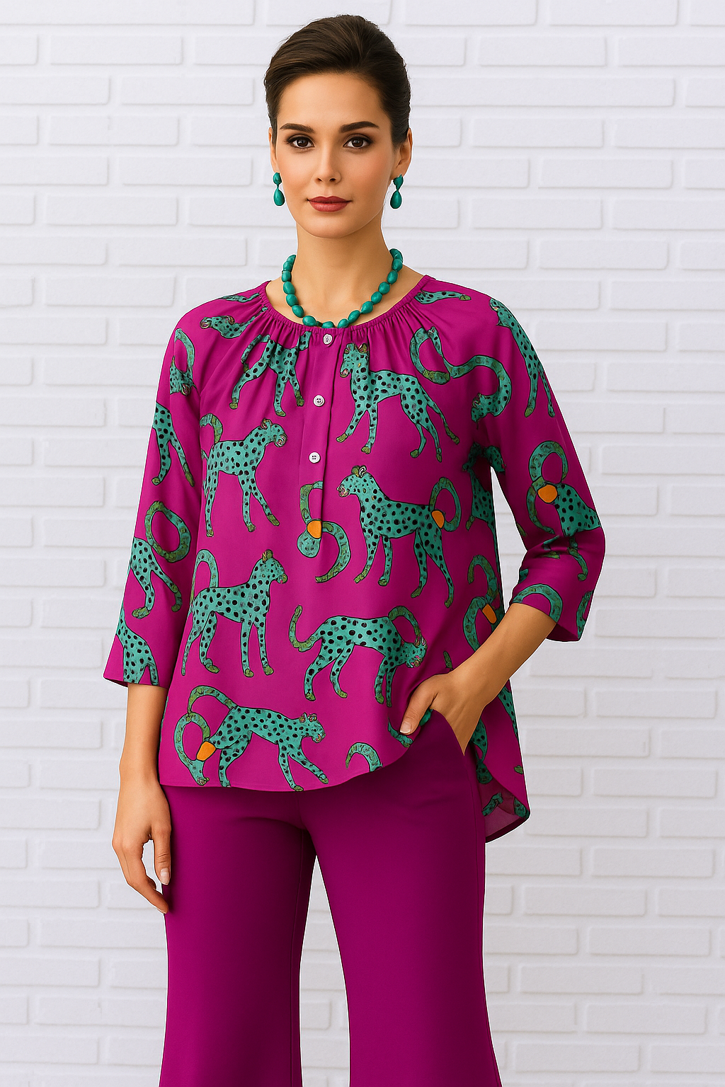 Diva USA Round Neck Button Up Three Quarter Sleeve Knit Top Magenta Cheetah print