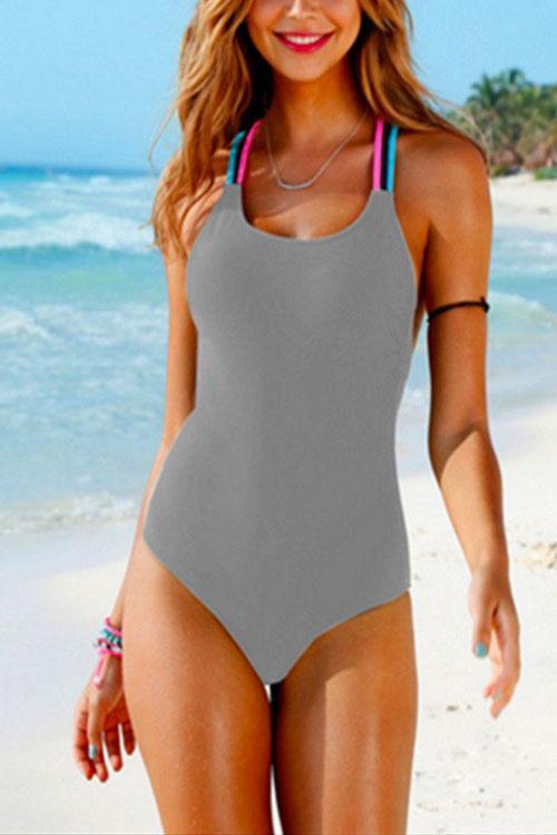 Color Straps Back Cut Out One-piece Swimwear Gray
