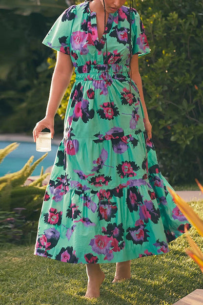 V Neck High Waist Floral Print A-line Maxi Dress