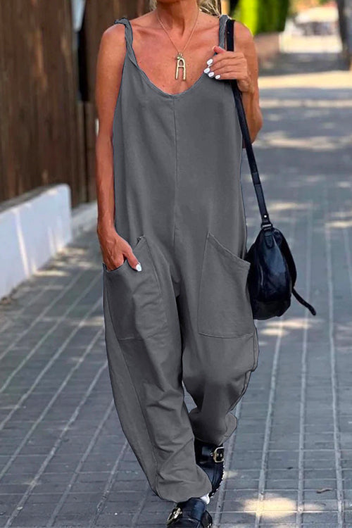 Scoop Neck Pockets Solid Slouchy Cami Jumpsuit Gray