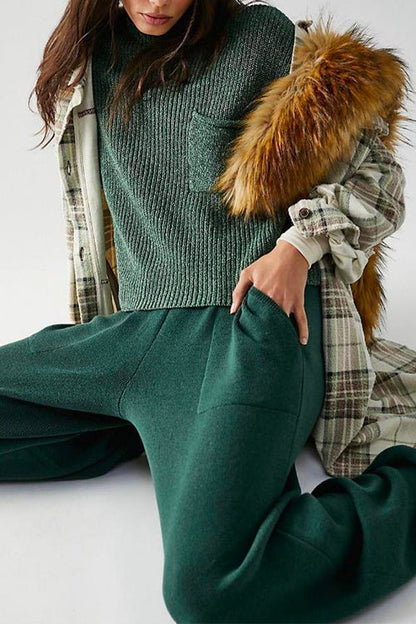 Mockneck Short Sleeves Top Pocketed Harem Pants Knitting Set DarkGreen