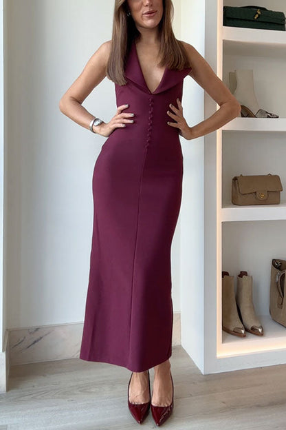 Halter V Neck Backless Buttons Bodycon Midi Dress