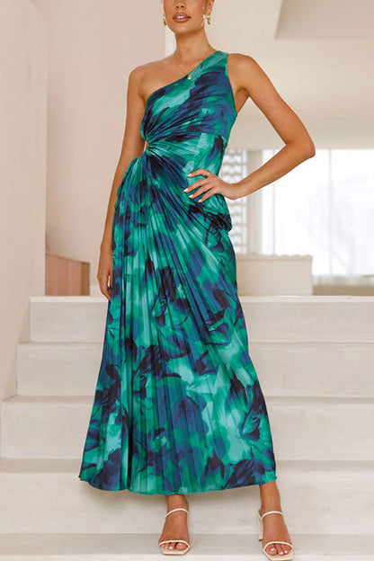 One Shoulder Drawstring Cut Out Printed Maxi Pleated Dress
