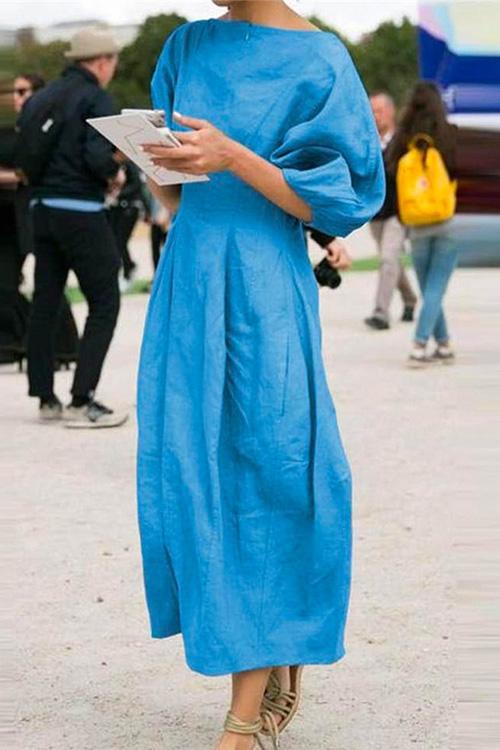 Lantern Sleeve Ruched Midi Cotton Linen Dress