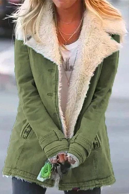 Lapel Button Down Pockets Fleece Lined Jacket ArmyGreen