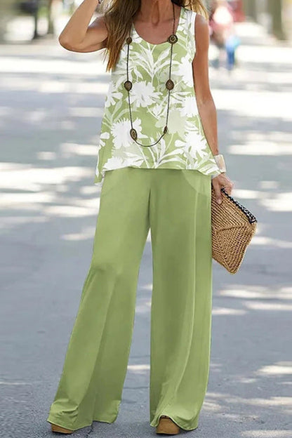 Printed Sleeveless Tank Top and Wide Leg Pants Set Green