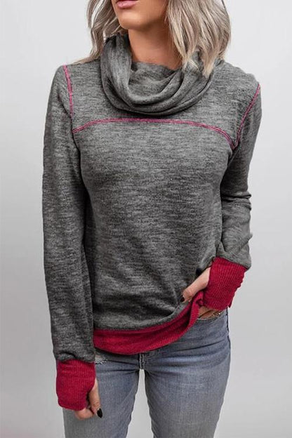 Casual Cowl Neck Color Block Sweatshirt with Thumb Hole