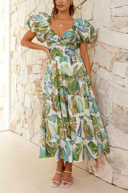Twist Front Puff Sleeves Ruffle Tiered Printed Maxi Dress