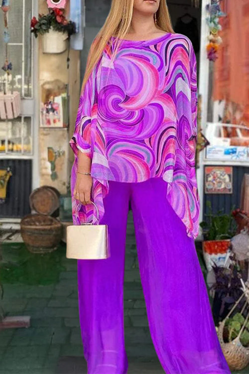 Printed Batwing Sleeves Irregular Top and Wide Leg Pants Chiffon Set Purple