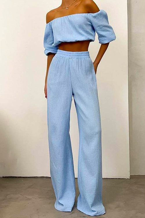 Off Shoulder Half Sleeves Crop Top Wide Leg Pants Set LightBlue