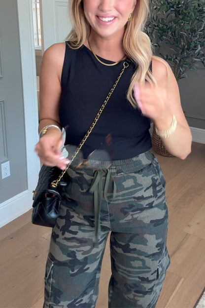 Camo Drawstring Waist Pocketed Cargo Pants