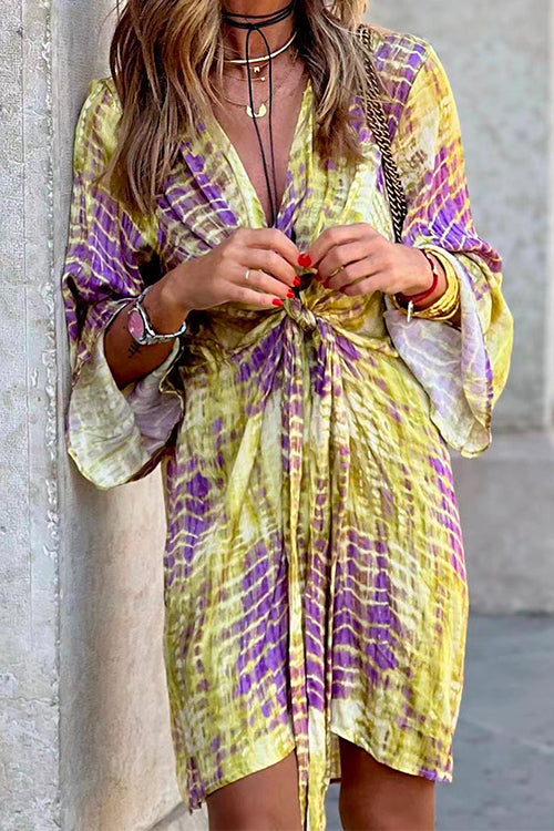 V Neck Knot Front Flare Sleeve Tie Dye Dress Yellow