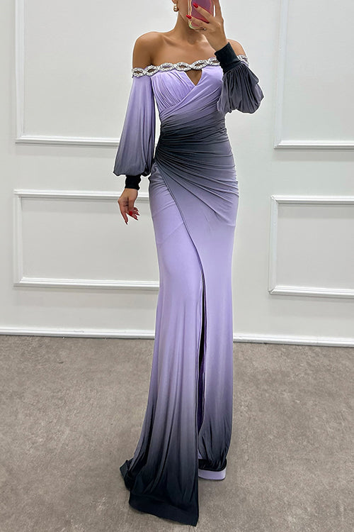 Off Shoulder Ruched Waist Gradient Tie Dye Wrap Maxi Dress