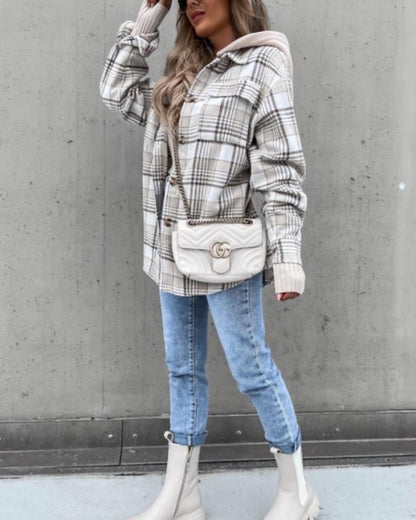 Clidress Hooded Plaid Fashion Shirt Jacket