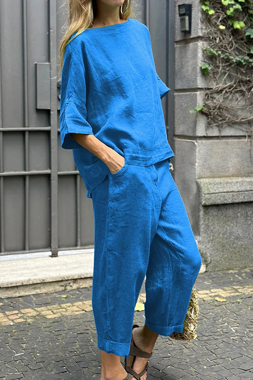 Cotton Linen Half Sleeves Pullover Top Wide Leg Tapered Pants Set Blue