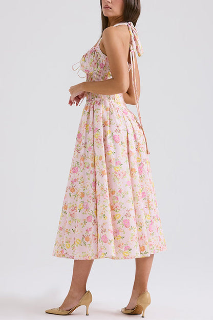 Halter Tie Front Waisted Floral Print Midi Dress